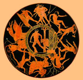 Внутренняя поверхность краснофигурного килика с изображением подвигов Тесея. В центре - убийство Минотавра. 440-430 гг. до. н. э.