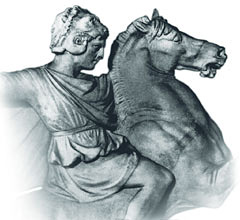 Александр Македонский в шлеме Геракла (голова льва) на Букефале. Саркофаг из Сидона