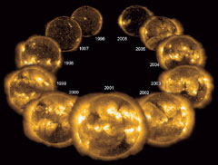 Закончившийся в 2006 году 23-й цикл солнечной активности. Коллаж SOHO