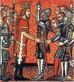 Роланд присягает Карлу Великому и получает из его рук меч Дюрандаль