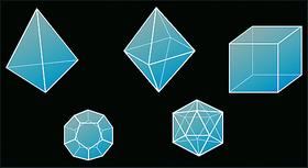 На Платоновы тела, или правильные многогранники. Слева направо: в верхнем ряду — тетраэдр, октаэдр, куб; в нижнем ряду — додекаэдр, икосаэдр.