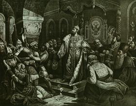 Н. Шустов. Иван III разрывает ханскую грамоту с требованием дани. Литография XIX века. На троне Ивана III мы видим изображение двуглавого орла