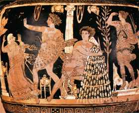 Эвмениды - последнее произведение из трилогии Эсхила Орестея. Аполлон защищает Ореста от Эриний - богинь мщения. Роспись на вазе
