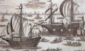 Парусные корабли первой половины XVI века на старинной гравюре
